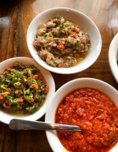 Three different types of sambal at restaurant Bebek Bengil, in Jakarta.