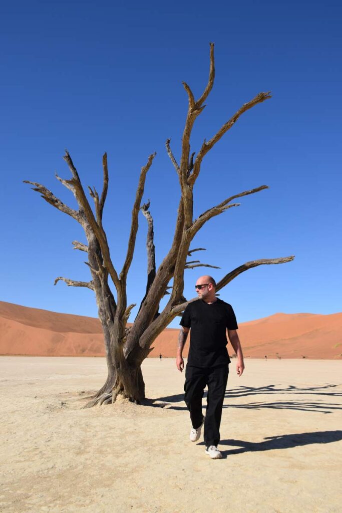 Sam in Deadvlei, Namibia on our Chameleon Safari