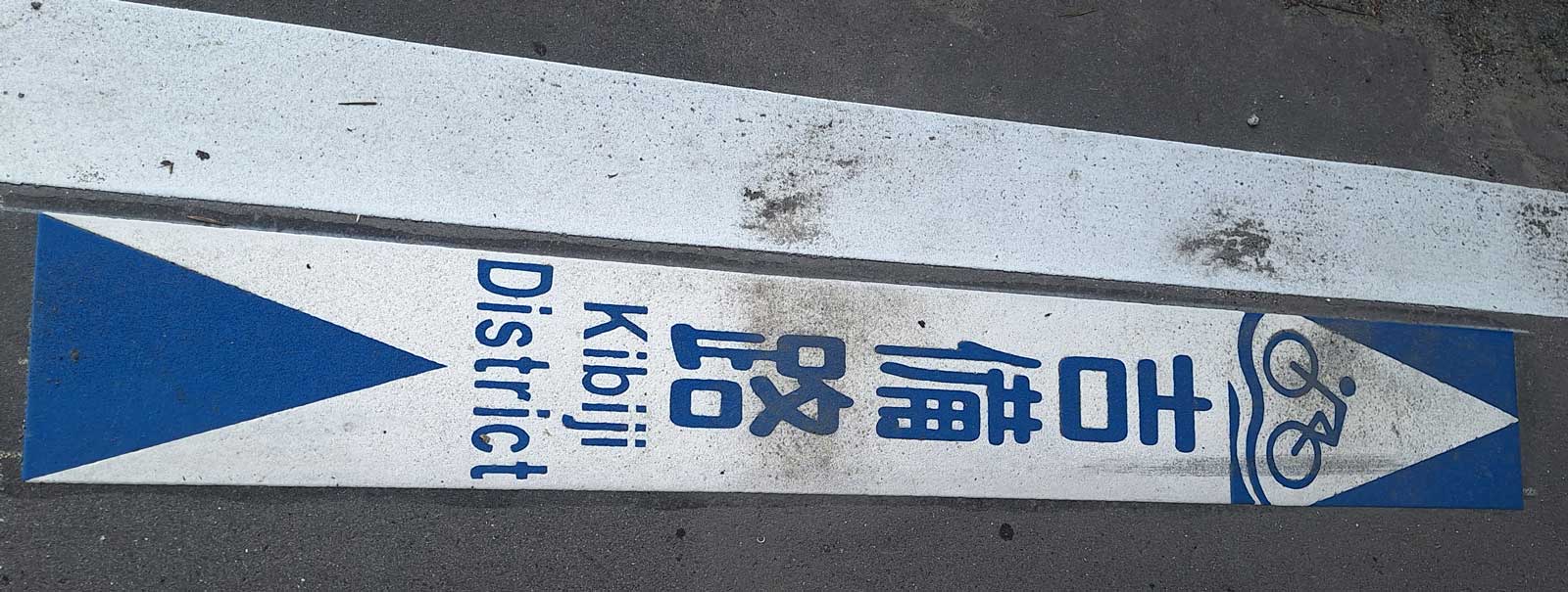 Blue Kibiji District cycling route arrow painted on the road in Okayama