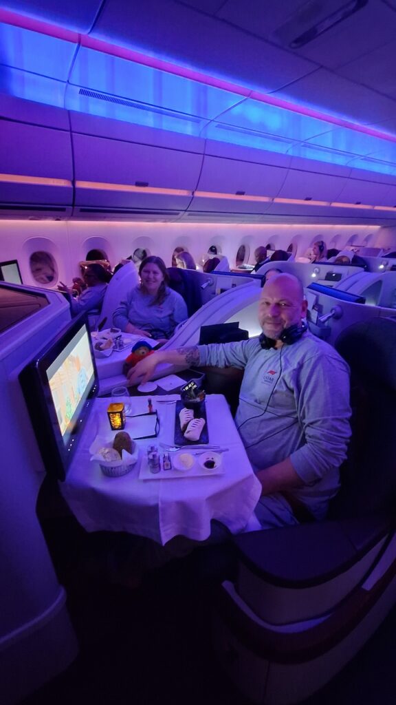 Qatar Airways Business Class seat on our flight from Lusaka