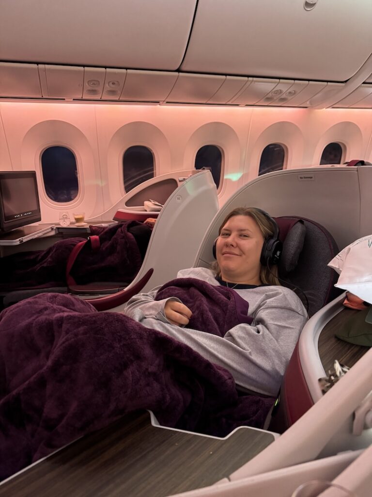 Qatar Airways Business Class seat on our flight from Lusaka