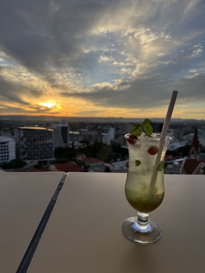 Sunset drinks overlooking central Windhoek and Christuskirche