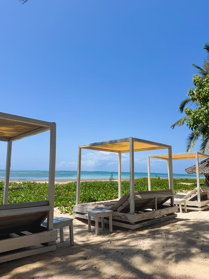 Beach chairs at Madafoo's Beach Bar in Diani