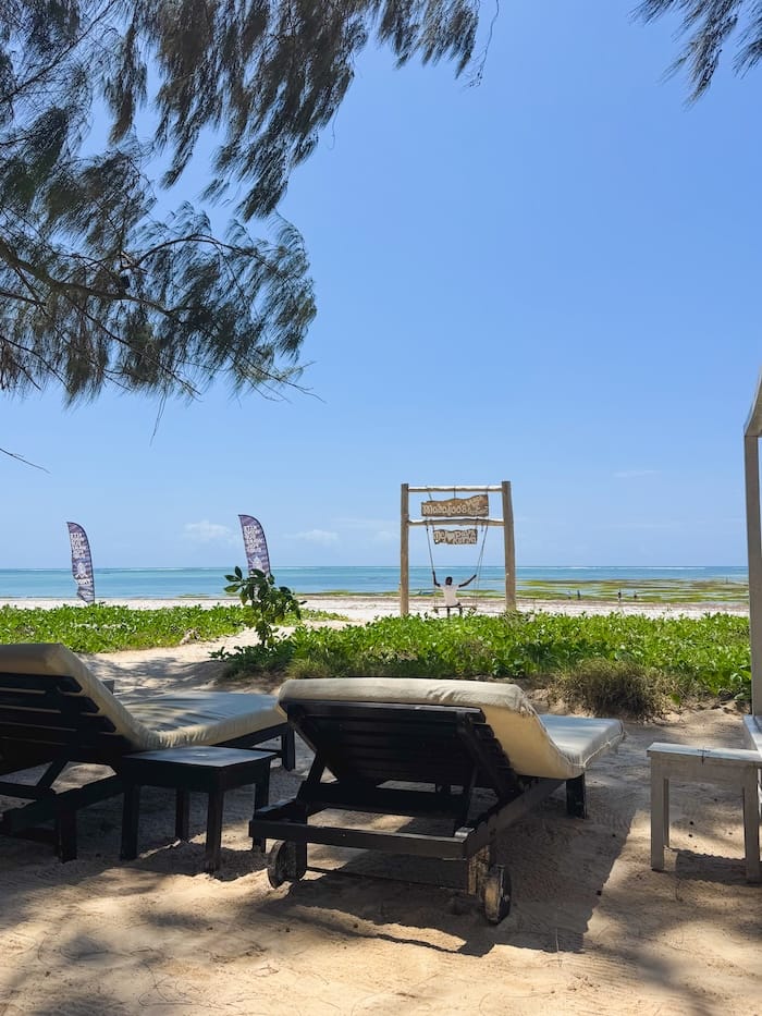 Beach chairs at Madafoo's Beach Bar in Diani